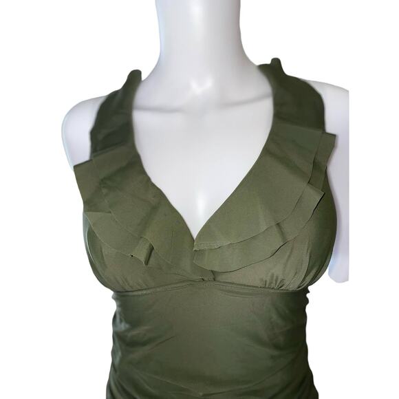 Sexy V Plunge Ruffle swimsuit, One piece, Bra C/D Medium, Forgiving gathers. - Picture 1 of 5